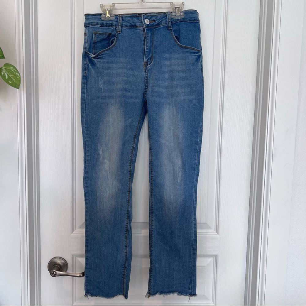 ✨ L.E.B. Straight Leg Jeans Blue Denim Stretch Raw Hem Button Zip Women L